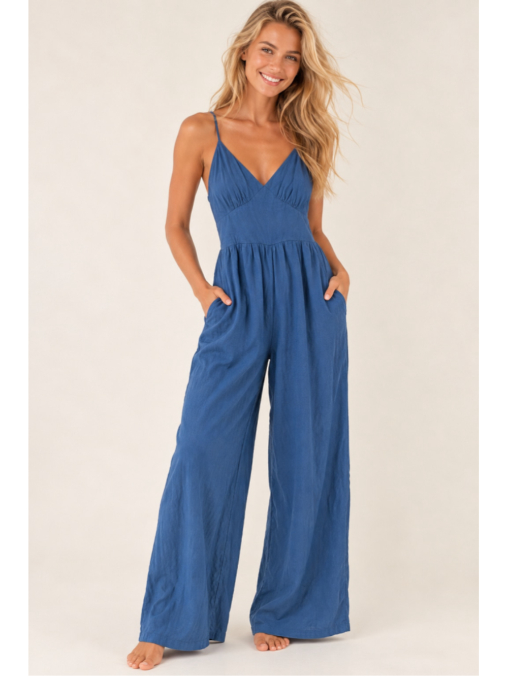 Japna Linen Wide Leg Romper Jumpsuit Coastal Boho Tie Back Nantucket Nautical S